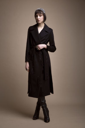 Long coat in merino-cachemire wool and ostrich plumage