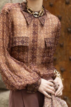 Camicia Classica Silk Chiffon Fantasy Lurex Riga Oro Fondo Bronzo