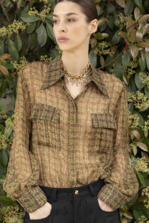 Camicia Classica Silk Chiffon Fantasy Lurex Riga Oro Fondo Verde