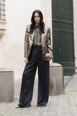 Pantalone Vita Alta Pences Tela Lino Blu