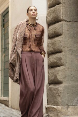 Pantalone Vita Alta Pences Tela Lino Mogano Chiaro