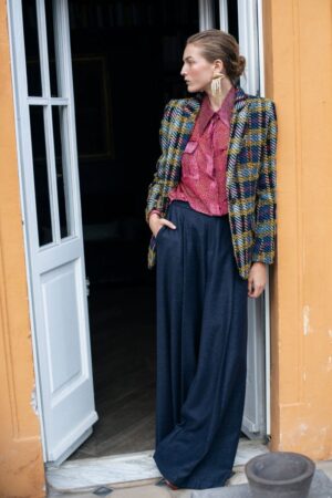 PANTALONE VITA ALTA PINCE TWEED LANA – BLUE