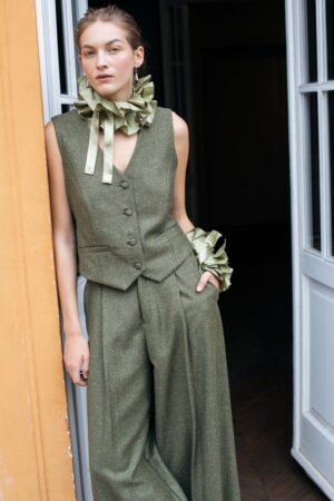PANTALONE VITA ALTA PINCE TWEED LANA – GREEN